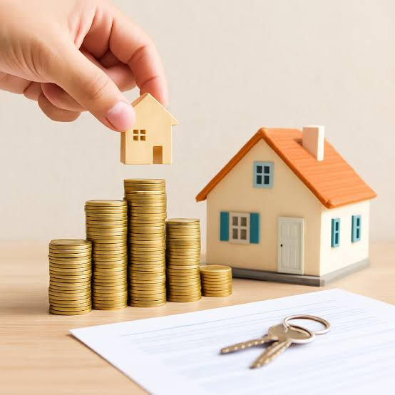 Casa, llaves y monedas para representar un crédito hipotecario